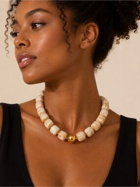 Modern Cream Marble Beaded Necklace with Gold Accent